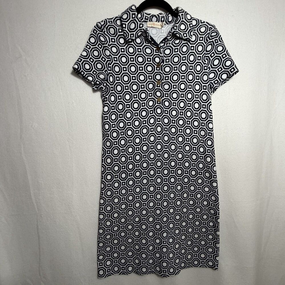 Tory Burch Lennox Polo Dress Size M Navy Blue White Geometric Terry Knee Length